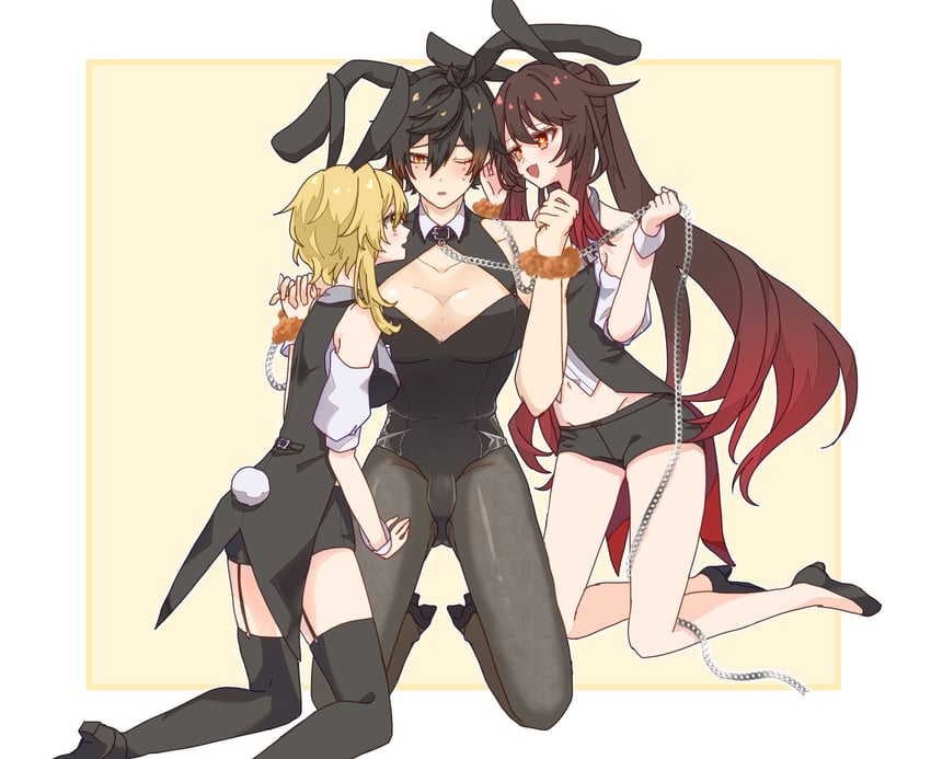 lumine, hu tao, and zhongli (genshin impact) drawn by momecook