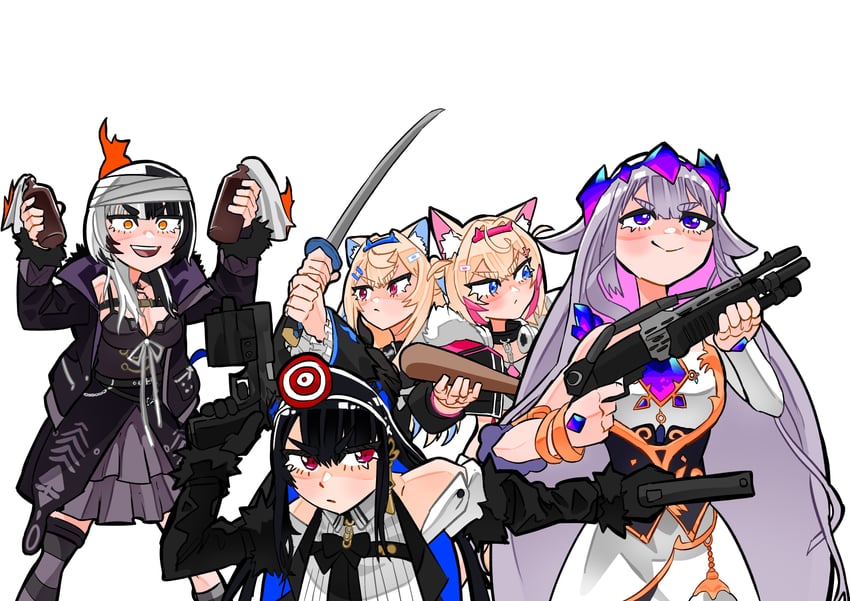 shiori novella, nerissa ravencroft, fuwawa abyssgard, mococo abyssgard, and koseki bijou (hololive and 3 more) drawn by daaku_(koizumi_arata)