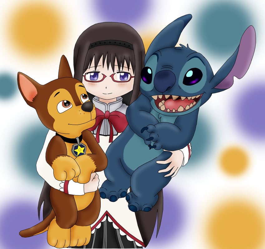 akemi homura, stitch, and chase (mahou shoujo madoka magica and 2 more) drawn by majka626