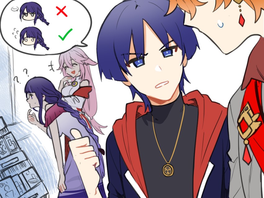 raiden shogun, scaramouche, yae miko, and tartaglia (genshin impact) drawn by lumbbyz