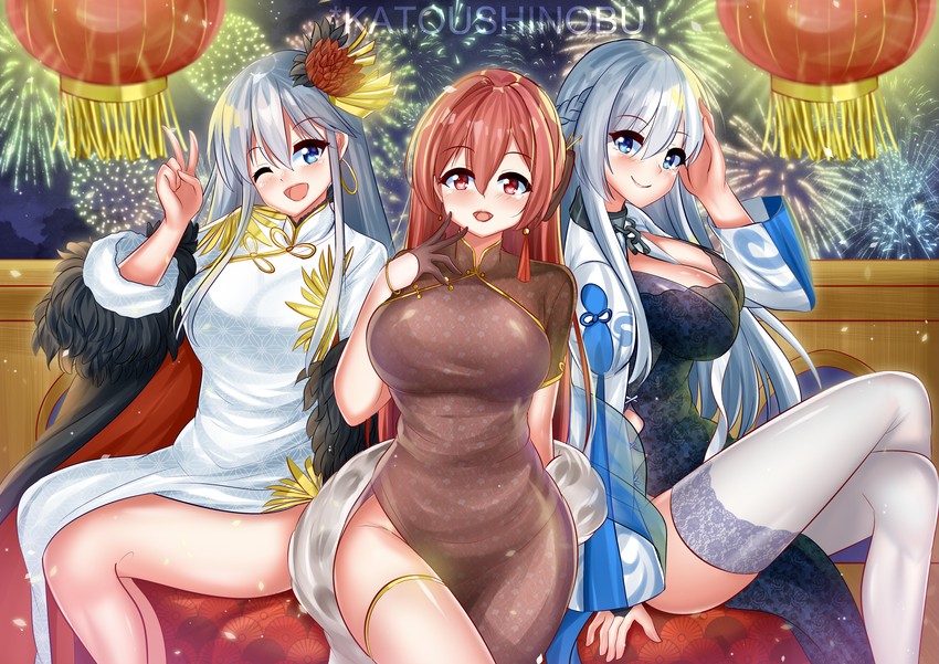 belfast, enterprise, and monarch (azur lane) drawn by katou_shinobu