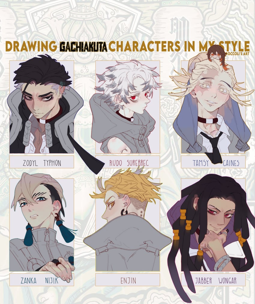 rudo surebrec, engine, zanka nijik, jabber wongar, amo, and 2 more (gachiakuta) drawn by deldotpng