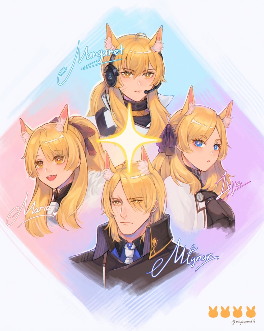 nearl, blemishine, whislash, and mlynar (arknights) drawn by miyaji_(miyaji0517)
