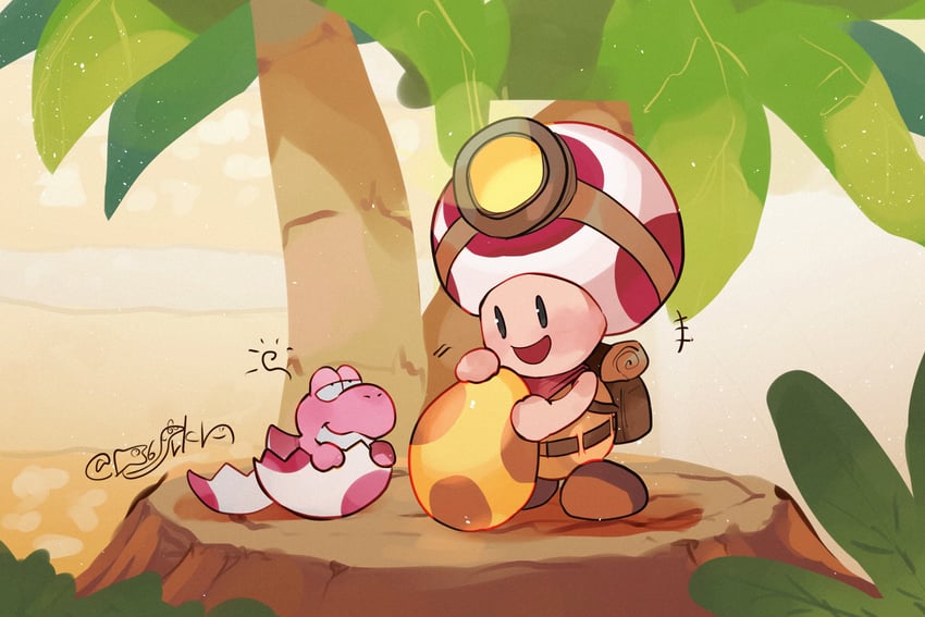 toad, pink yoshi, captain toad, and baby yoshi (mario and 1 more) drawn by hanaon