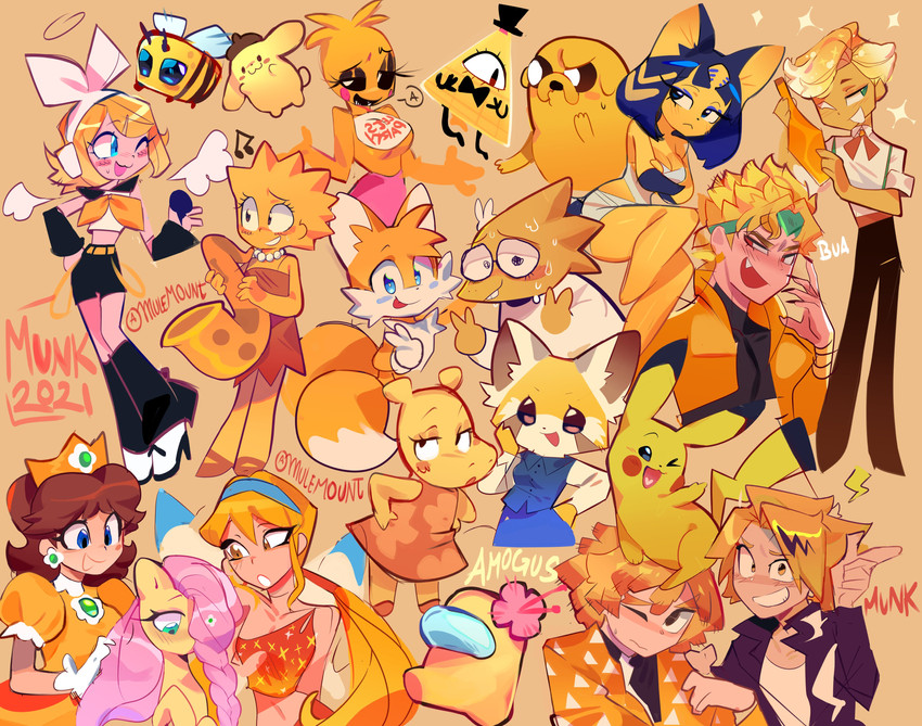 kagamine rin, pikachu, dio brando, princess daisy, tails, and 17 more (pokemon and 23 more) drawn by mulemount