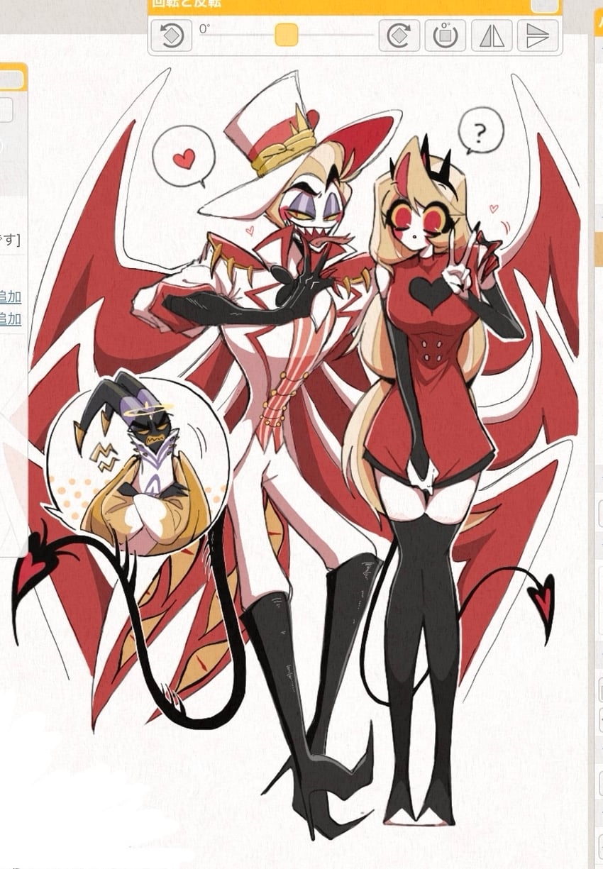 lucifer morningstar, charlie morningstar, and adam (hazbin hotel) drawn by hugy8277