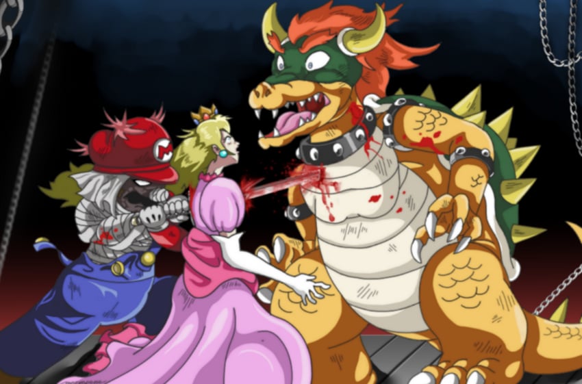 princess peach, mario, bowser, and shishio makoto (mario and 1 more) drawn by mojapene
