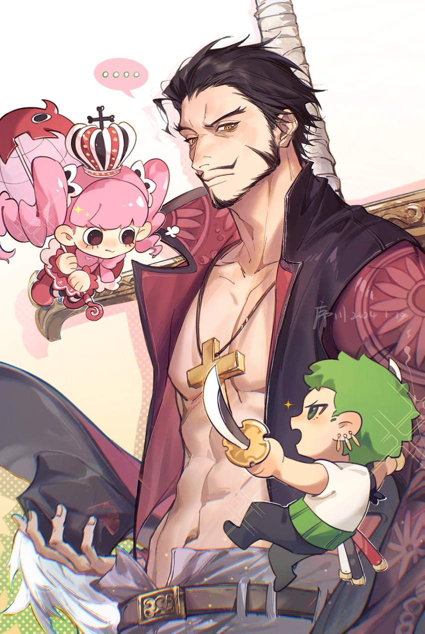 roronoa zoro, perona, and dracule mihawk (one piece) drawn by xuchuan
