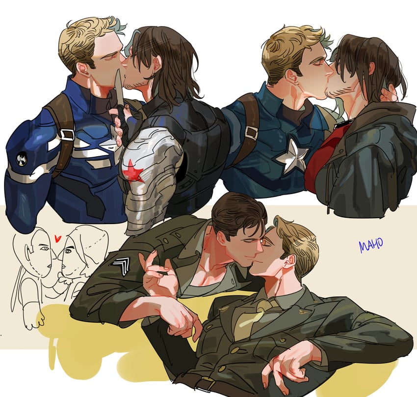 steve rogers, captain america, bucky barnes, and winter soldier (marvel and 5 more) drawn by karmaho