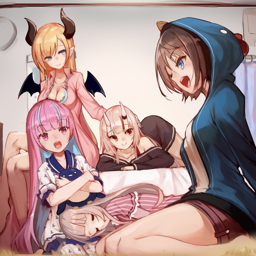 minato aqua, oozora subaru, murasaki shion, nakiri ayame, and yuzuki choco (hololive) drawn by sue_(bg-bros)