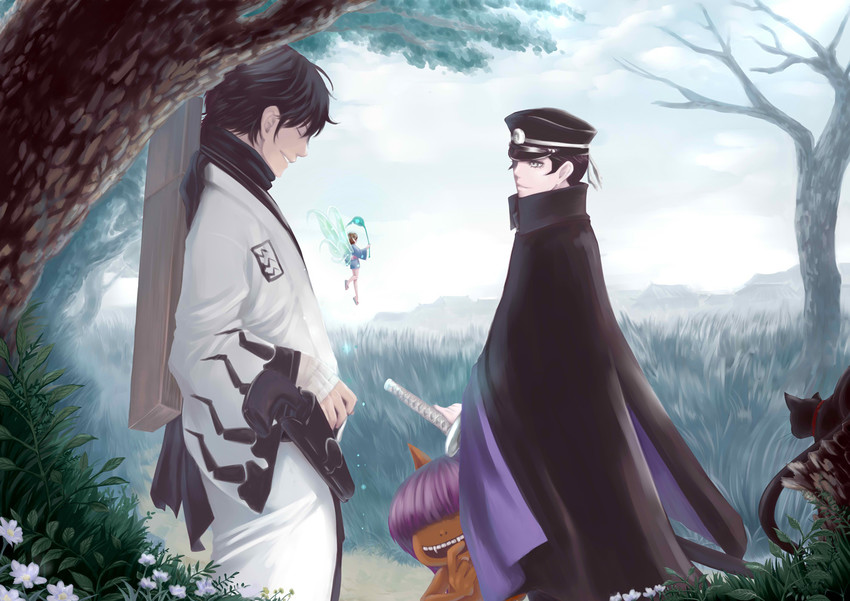 kuzunoha raidou, pixie, gouto, obariyon, and kuzunoha kyouji the first (shin megami tensei and 2 more) drawn by youjo_(kurukuru9696)