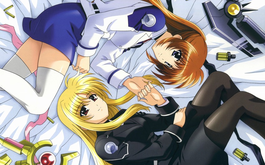 fate testarossa, takamachi nanoha, raising heart, and bardiche (lyrical nanoha and 1 more) drawn by okuda_yasuhiro