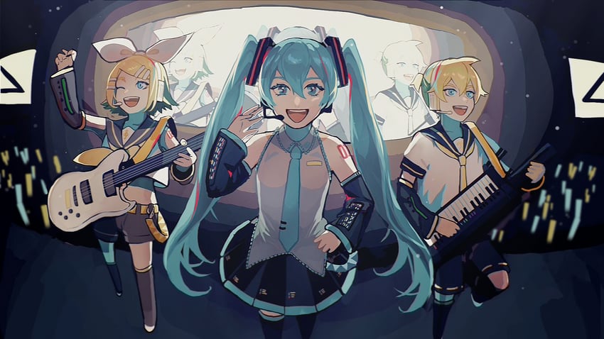 hatsune miku, kagamine rin, and kagamine len (vocaloid) drawn by nunosei