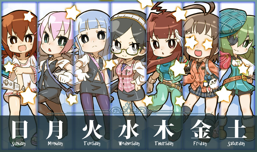 ikazuchi, shiranui, kirishima, kiso, naka, and 3 more (kantai collection and 1 more) drawn by chaki_(teasets)