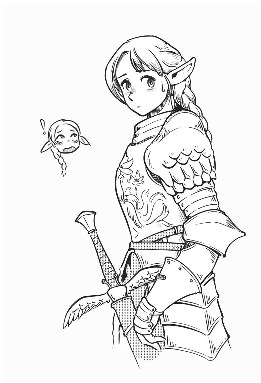 marcille donato, kensuke, and living armor (dungeon meshi) drawn by kaminskyw