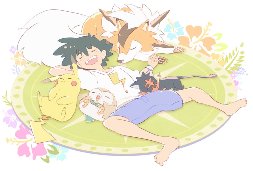 pikachu, ash ketchum, rowlet, litten, and lycanroc (pokemon and 1 more) drawn by pirohi_(pirohi214)