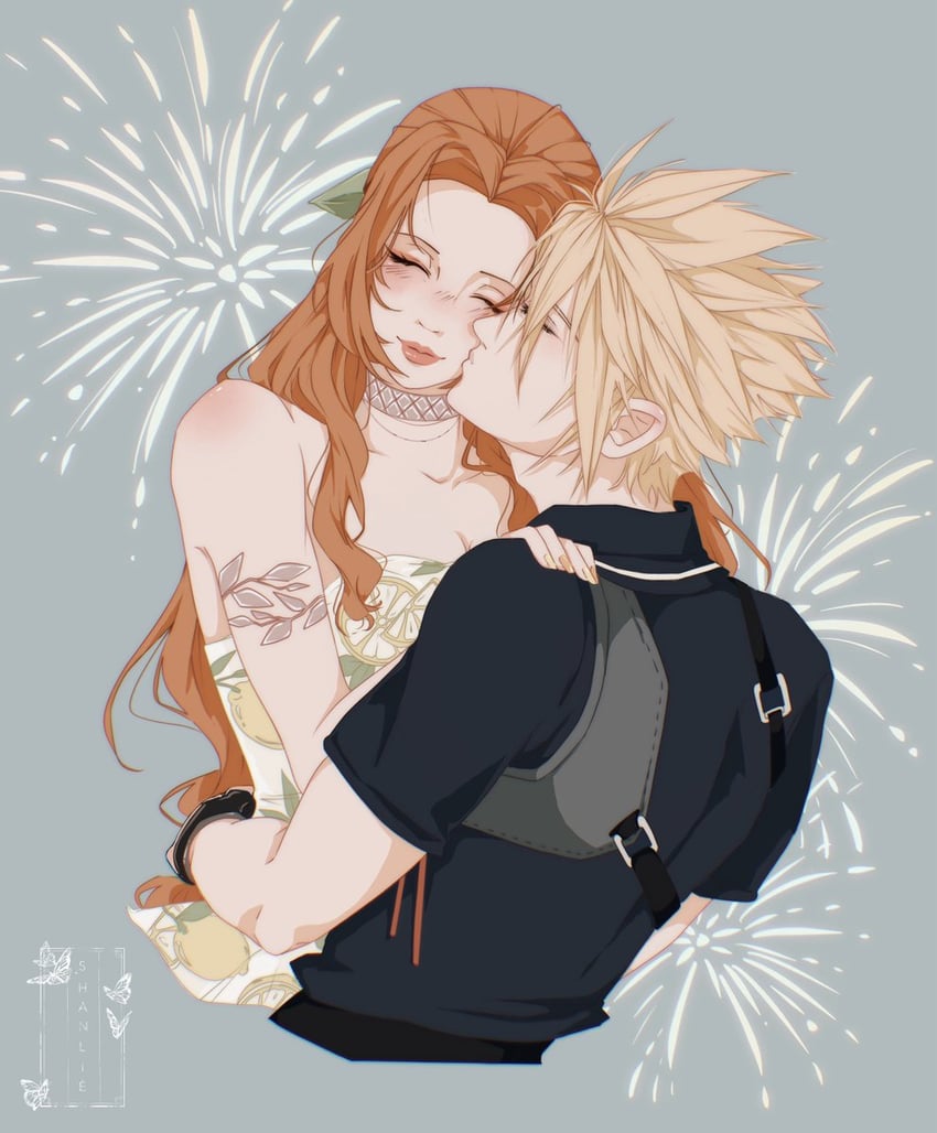 cloud strife and aerith gainsborough (final fantasy and 2 more) drawn by shanlieart