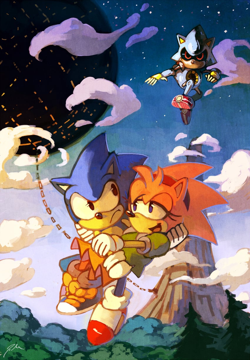 sonic the hedgehog, amy rose, metal sonic, classic sonic, and classic amy (sonic and 2 more) drawn by bluekomadori