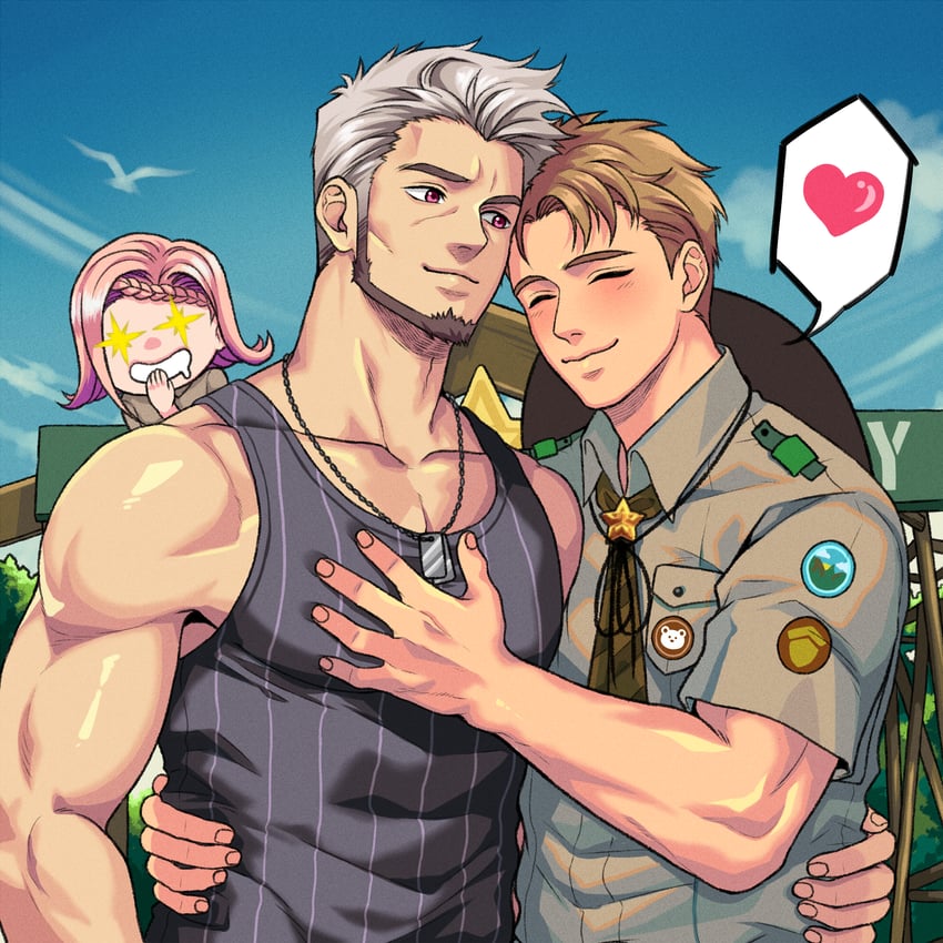 nagira yoshinori, goro nomoru, and yuri nomoru (camp buddy and 1 more) drawn by aielialepoot