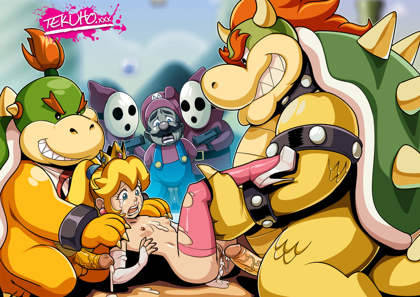 princess peach, mario, bowser, bowser jr., and shy guy (mario) drawn by tekuho_no_habo