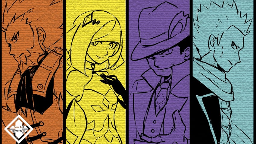 lusamine, giovanni, lysandre, and cyrus (pokemon and 1 more) drawn by morityuu