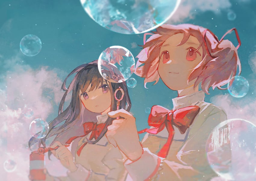 akemi homura and kaname madoka (mahou shoujo madoka magica) drawn by moieko