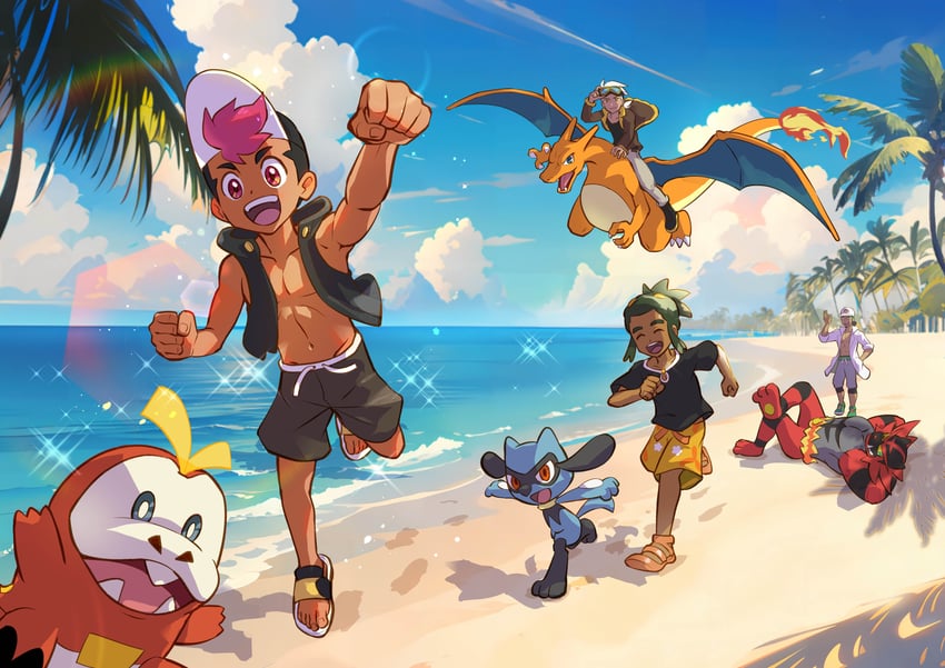 charizard, fuecoco, hau, riolu, incineroar, and 3 more (pokemon and 1 more) drawn by pxl_(pxltw)
