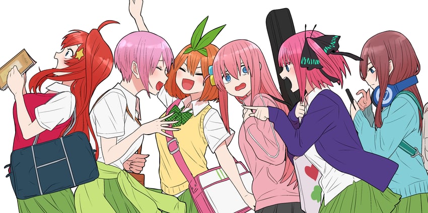 gotoh hitori, nakano nino, nakano miku, nakano yotsuba, nakano itsuki, and 1 more (bocchi the rock! and 1 more) drawn by fumitan_(humitan)