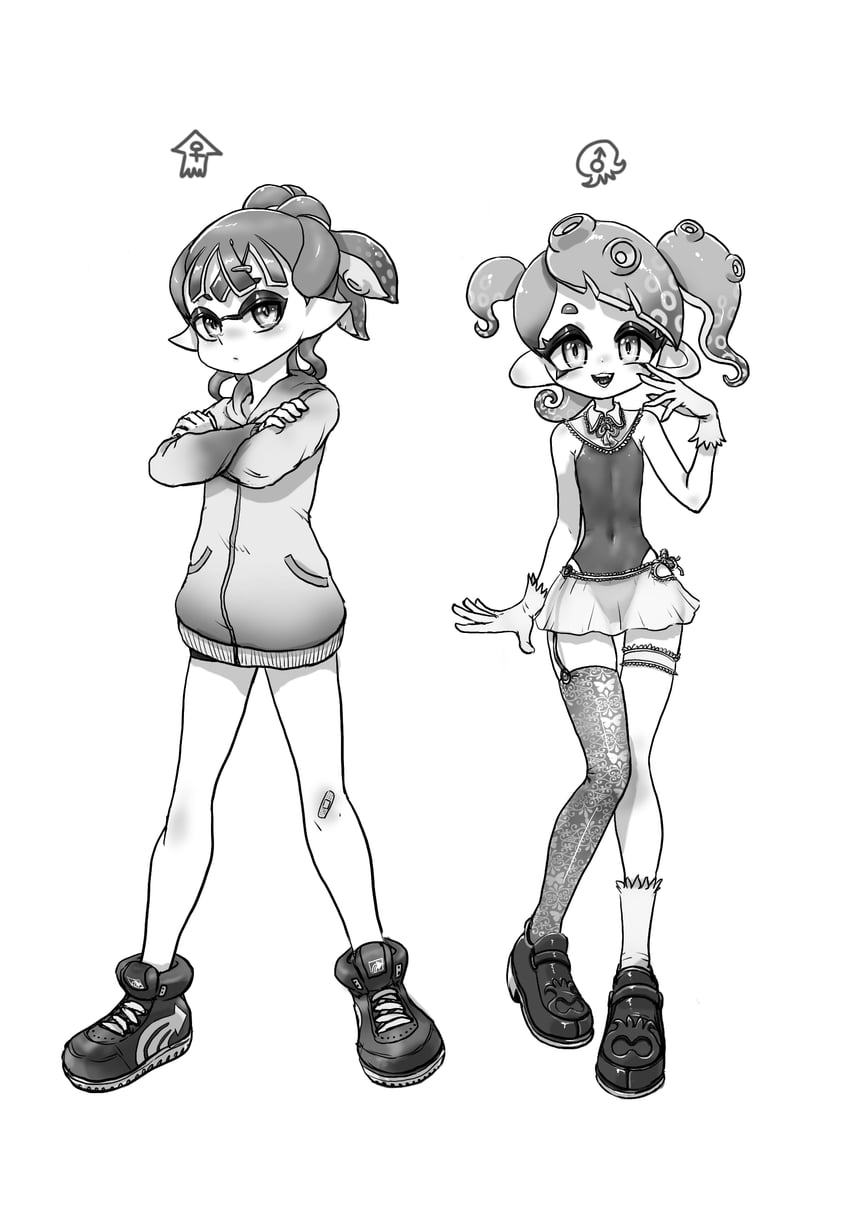 inkling player character, inkling girl, octoling player character, and octoling boy (splatoon) drawn by koharu2.5