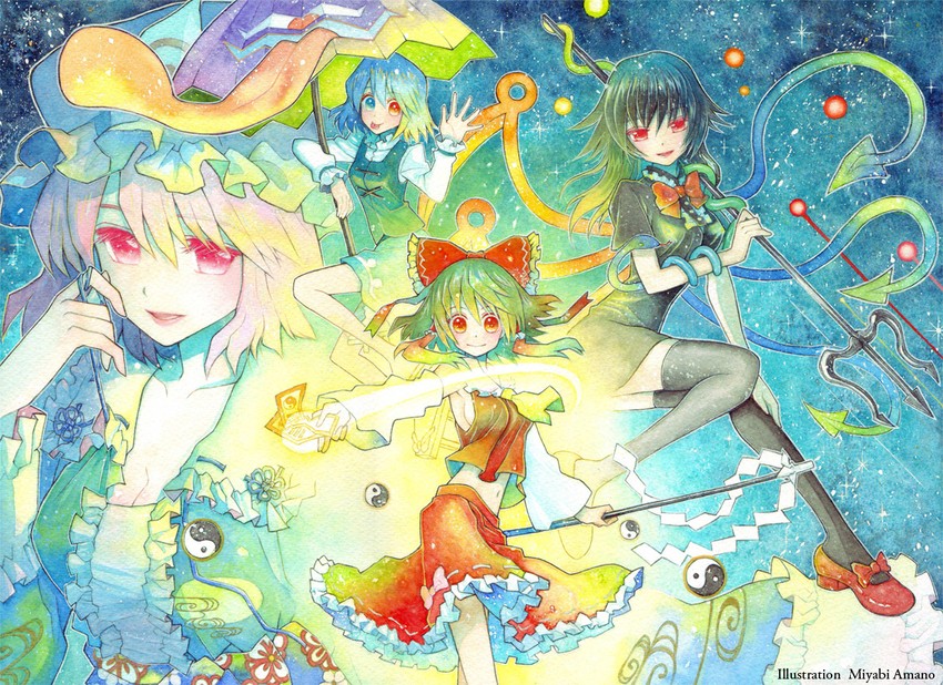 hakurei reimu, saigyouji yuyuko, tatara kogasa, and houjuu nue (touhou) drawn by amano_miyabi