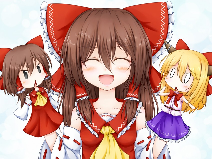 hakurei reimu, ibuki suika, reu, yamin, and sakenomi (touhou and 1 more) drawn by neko_mata