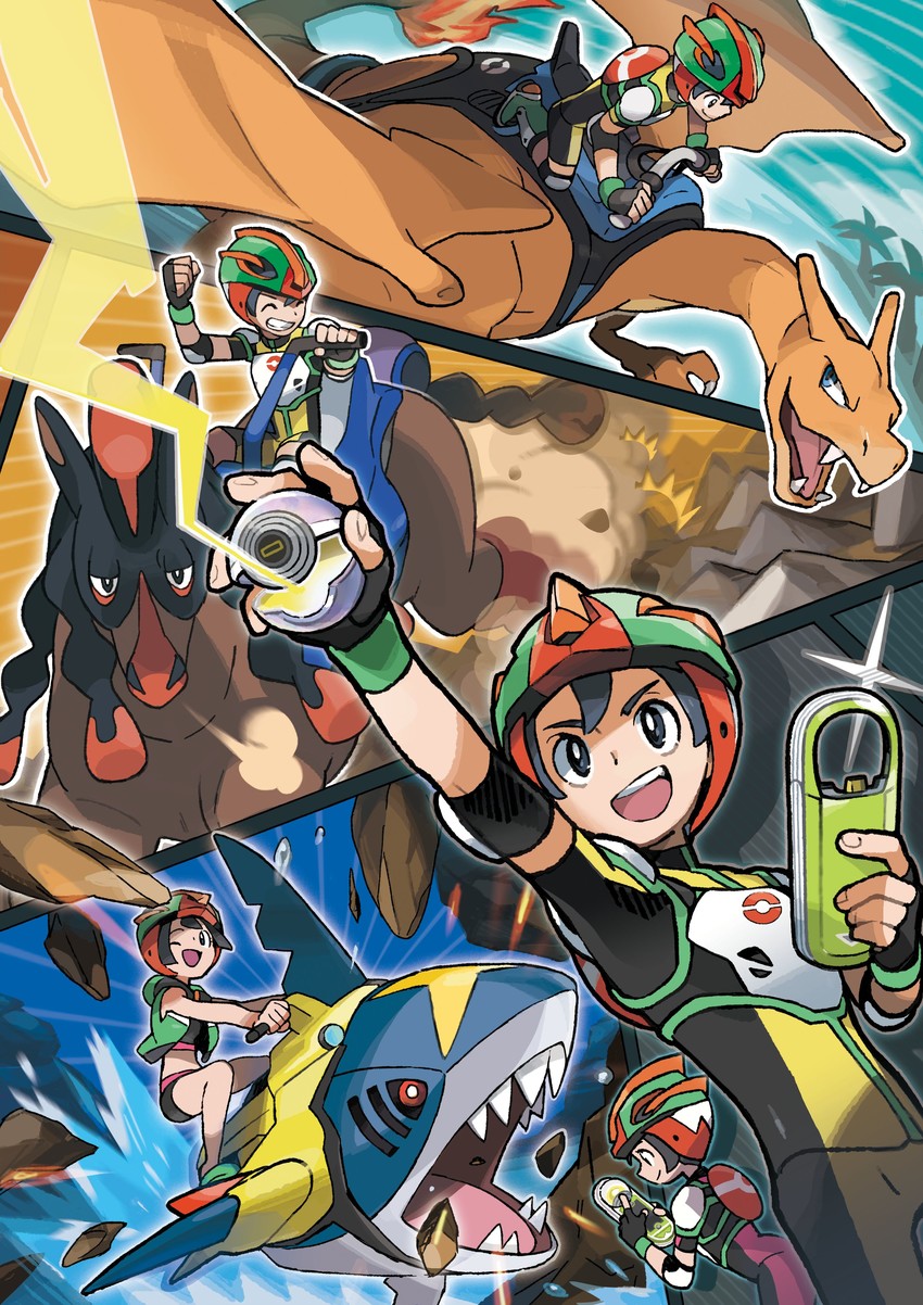selene, charizard, elio, sharpedo, and mudsdale (pokemon and 1 more) drawn by sugimori_ken