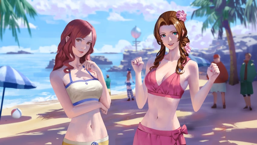 aerith gainsborough, cissnei, biggs, wedge, and kyrie canaan (final fantasy and 4 more) drawn by phamoz