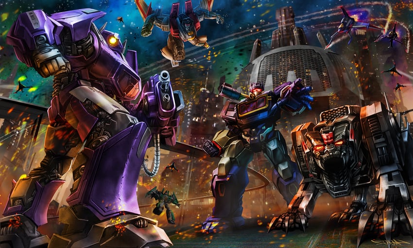 starscream, soundwave, shockwave, thundercracker, skywarp, and 2 more (transformers and 1 more) drawn by yasukuni_kazumasa