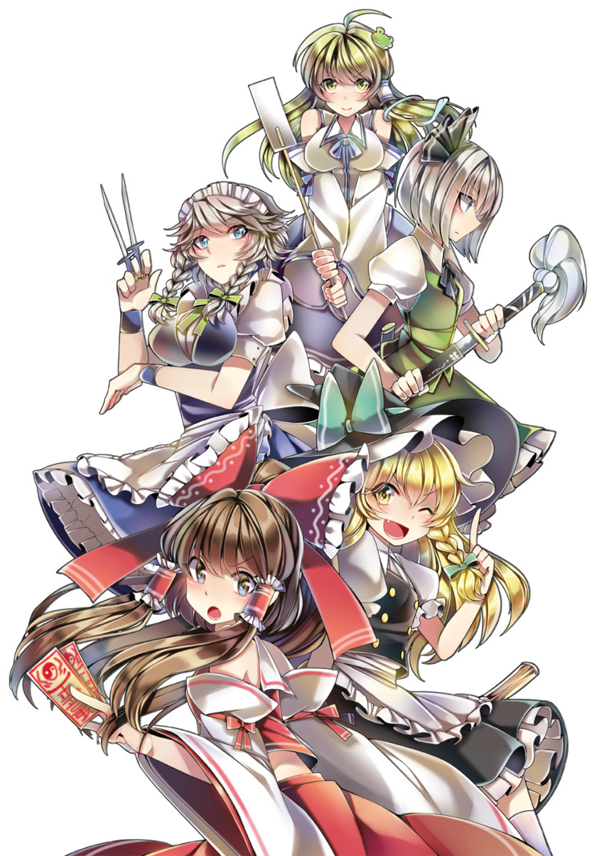hakurei reimu, kirisame marisa, izayoi sakuya, kochiya sanae, and konpaku youmu (touhou) drawn by here_(hr_rz_ggg)