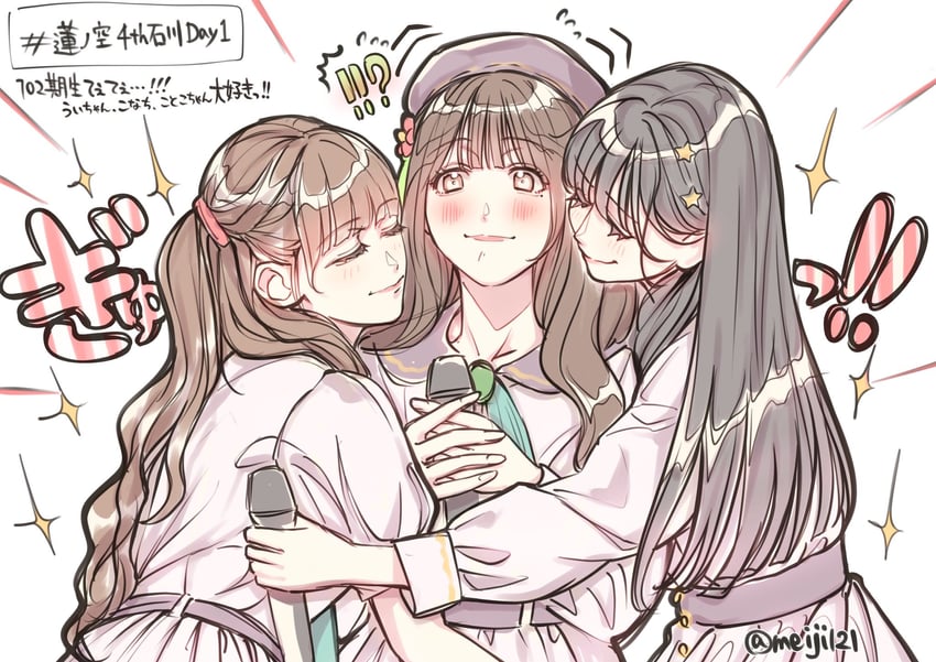 tsukine kona, hanamiya nina, and sasaki kotoko (love live! and 2 more) drawn by meiji_(mosamoo3)