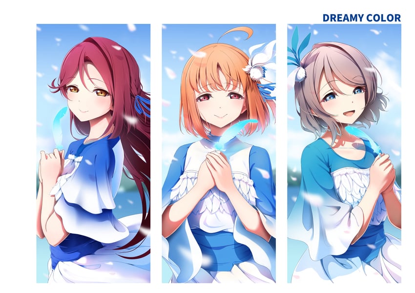 watanabe you, sakurauchi riko, and takami chika (love live! and 1 more) drawn by amagi_(volfuji)