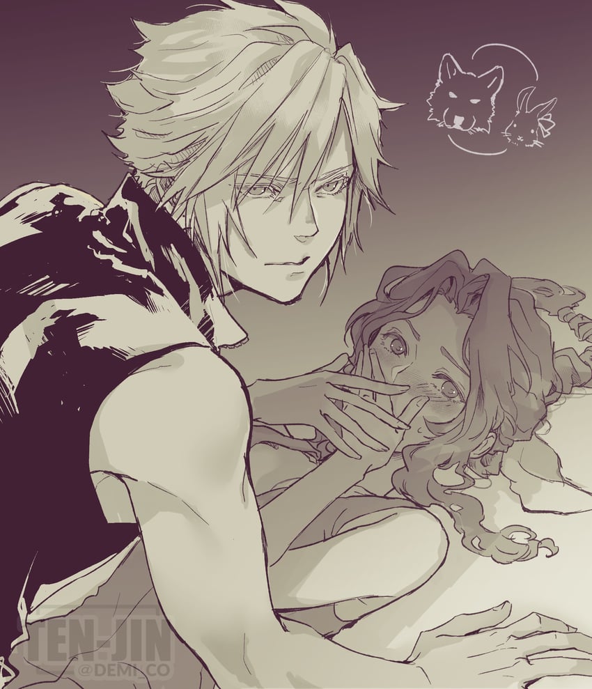 cloud strife and aerith gainsborough (final fantasy and 3 more) drawn by demi_co