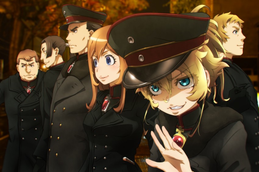 tanya degurechaff, viktoriya ivanovna serebryakov, matheus johann weiss, warren grantz, wilibald koenig, and 1 more (youjo senki) drawn by genya_(genya67)