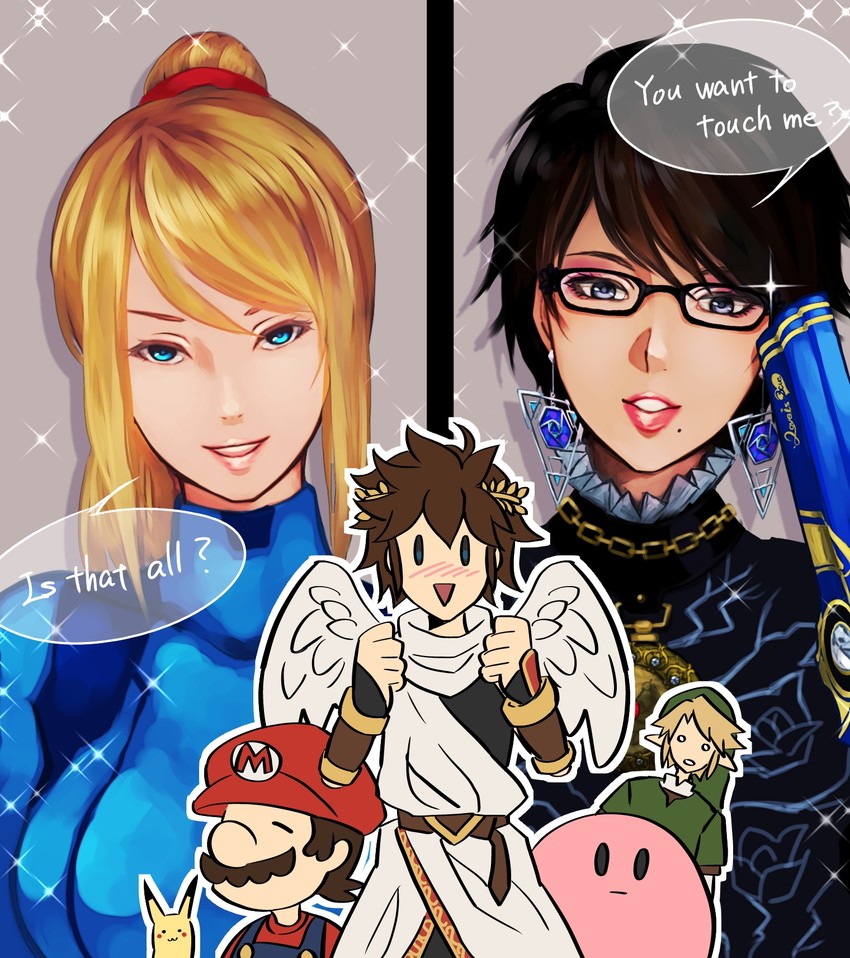 link, pikachu, kirby, samus aran, mario, and 2 more (pokemon and 8 more) drawn by citrus_tsukiko