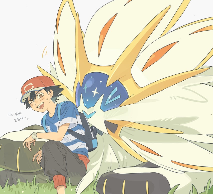 ash ketchum and solgaleo (pokemon and 1 more) drawn by p_oxo7
