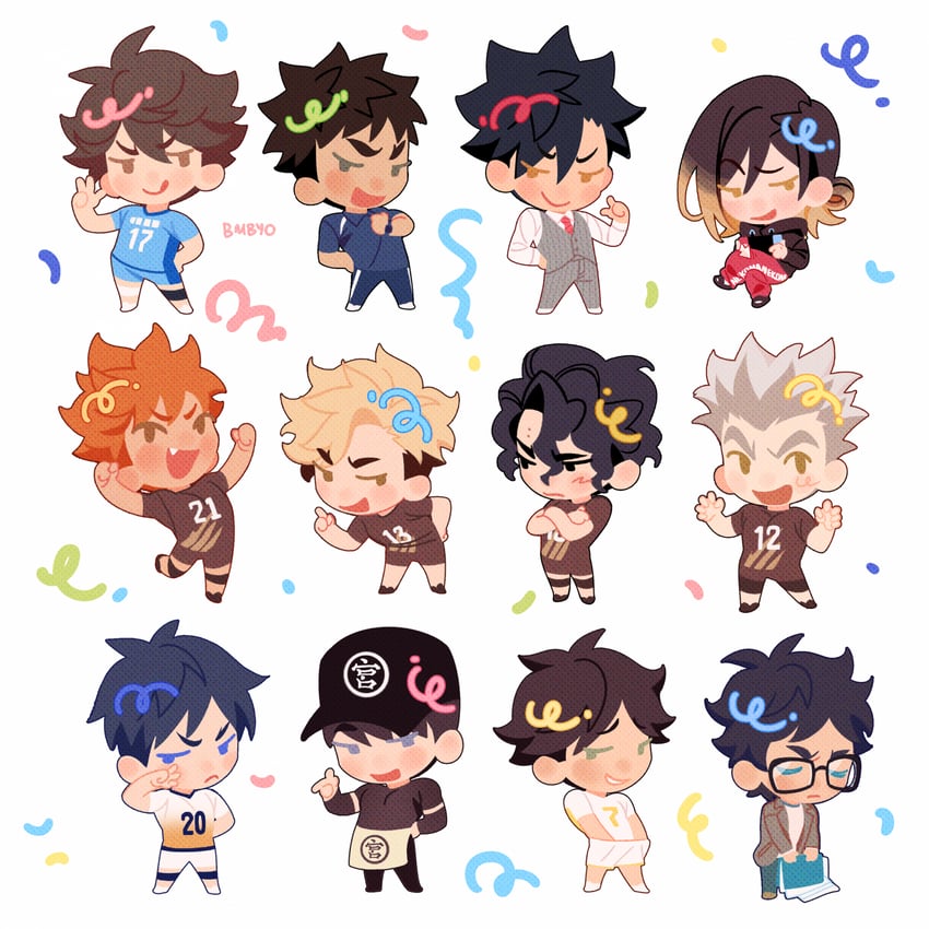 hinata shouyou, bokuto koutarou, kuroo tetsurou, kozume kenma, akaashi keiji, and 7 more (haikyuu!!) drawn by bombyoon