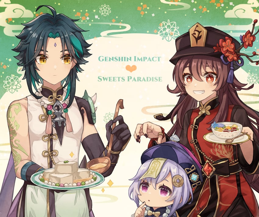 hu tao, xiao, and qiqi (genshin impact and 1 more) drawn by su34ma