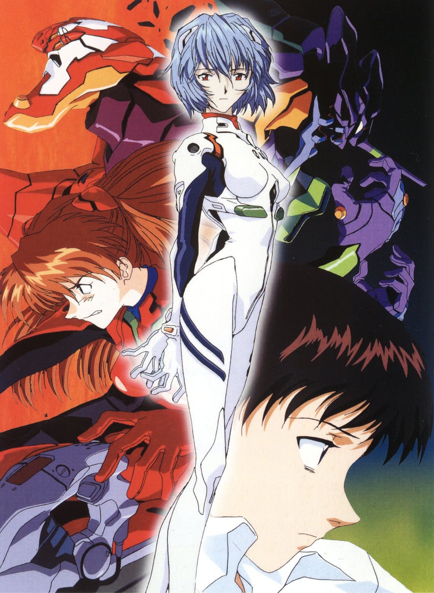 souryuu asuka langley, ayanami rei, ikari shinji, eva 02, and eva 01 (neon genesis evangelion)