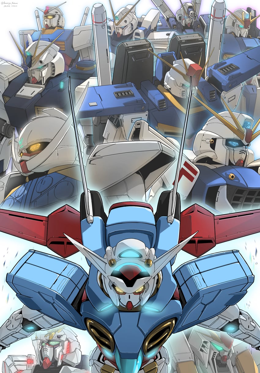 rx-78-2 gundam, zeta gundam, nu gundam, unicorn gundam, turn a gundam, and 7 more (gundam and 11 more) drawn by bl4ck_choco