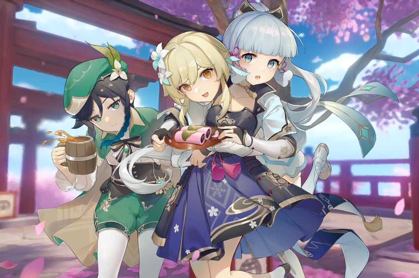 lumine, venti, and kamisato ayaka (genshin impact) drawn by xiaoguifeng