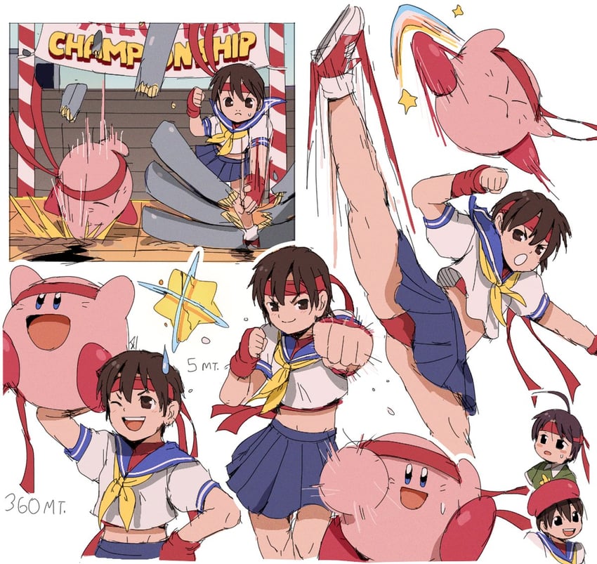 kirby, kasugano sakura, and adeleine (street fighter and 2 more) drawn by bendedede