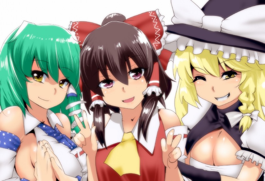hakurei reimu, kirisame marisa, and kochiya sanae (touhou) drawn by hyudora