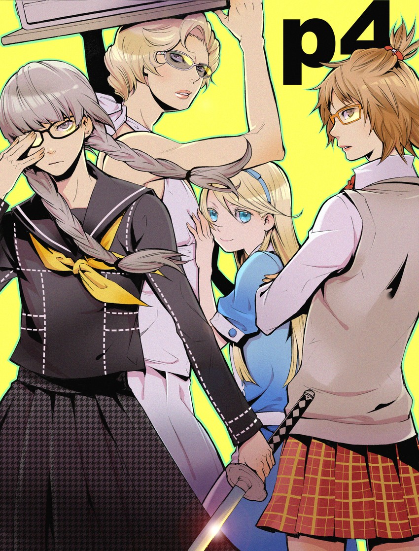 narukami yu, alice, hanamura yousuke, tatsumi kanji, and kuma (persona and 2 more) drawn by kuso_bba