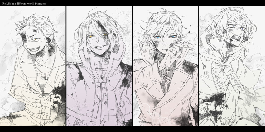 natsuki subaru, reinhard van astrea, otto suewen, and julius juukulius (re:zero kara hajimeru isekai seikatsu) drawn by wa--ka